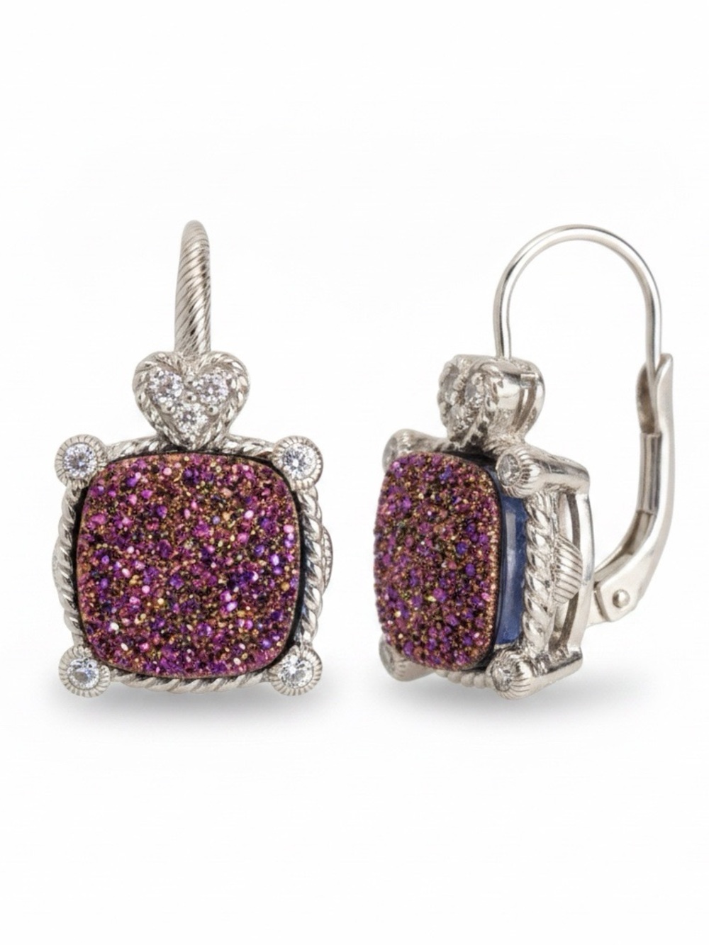 Judith Ripka 925 Purple Druzy Diamonique CZ Square Drop Earrings - Picture 2 of 3